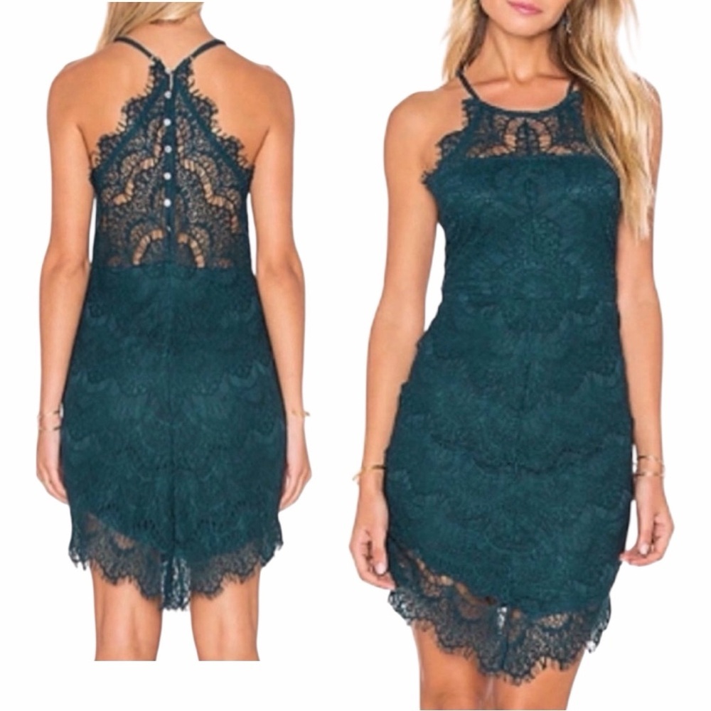 INTIMATELY‎ FREE PEOPLE She’s Got It Lace Mini Slip Dress in Dark Green, Large